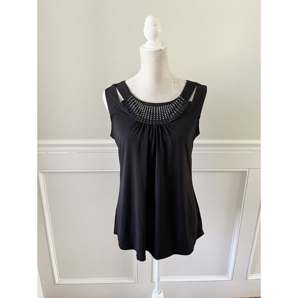Susan Lawrence Black Embellished Cutout Shoulder Tank Top M Stretch - Picture 1 of 4